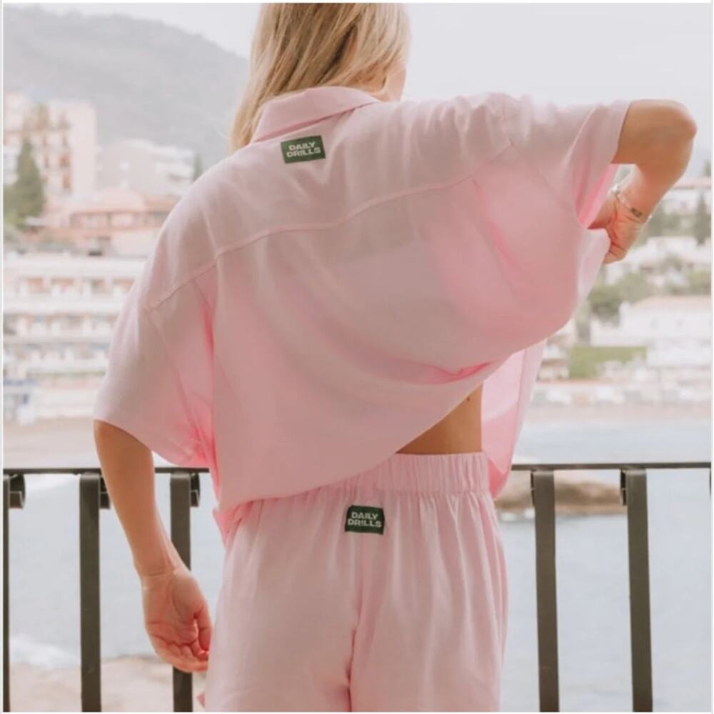 Daily Drills Pink Linen Two Piece Set Shirt Shorts Coastal Vacation Lounge XS/S